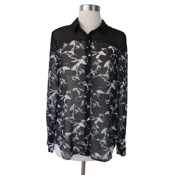 FRENCH CONNECTION Women's Black White Hatched Horses Sheer Blouse Size 6 - Picture 1 of 9